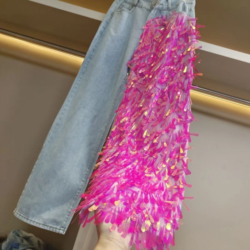 European Station 2023 Spring Autumn Fashion Streetwear Sequin Spliced Jeans Women Stylish Denim Pants