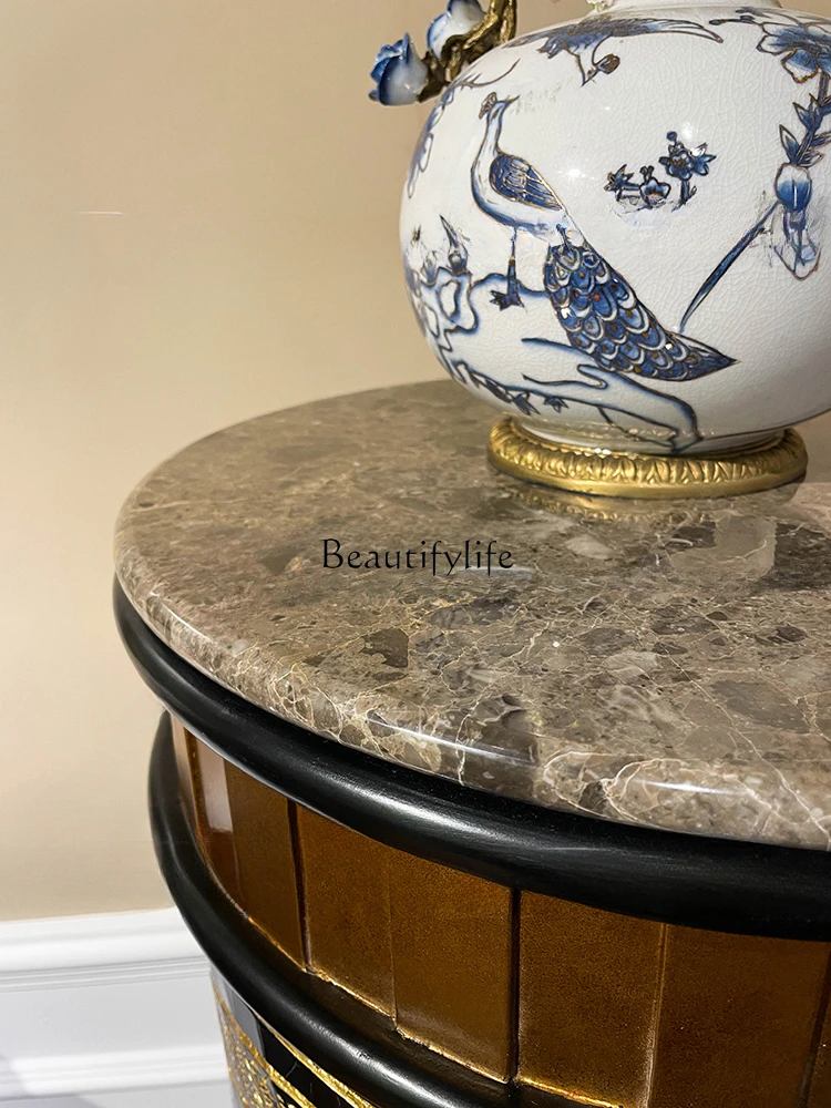 French Chapped Pattern Classical round Curio Cabinet American Art Hand-Painting Corner Tea Room Storage Cabinet