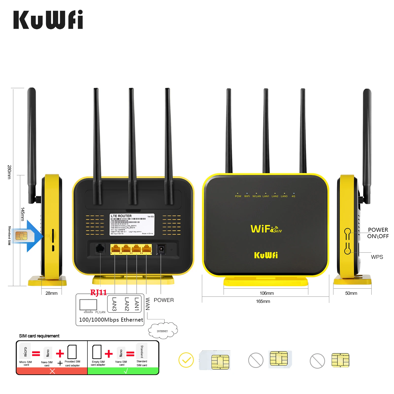 Kuwfi gigabit 4g router 2,4 ghz/5ghz 1200mbps wifi repeater vpn externer signal verstärker 4g wifi router mit sim karte 128mb cpu