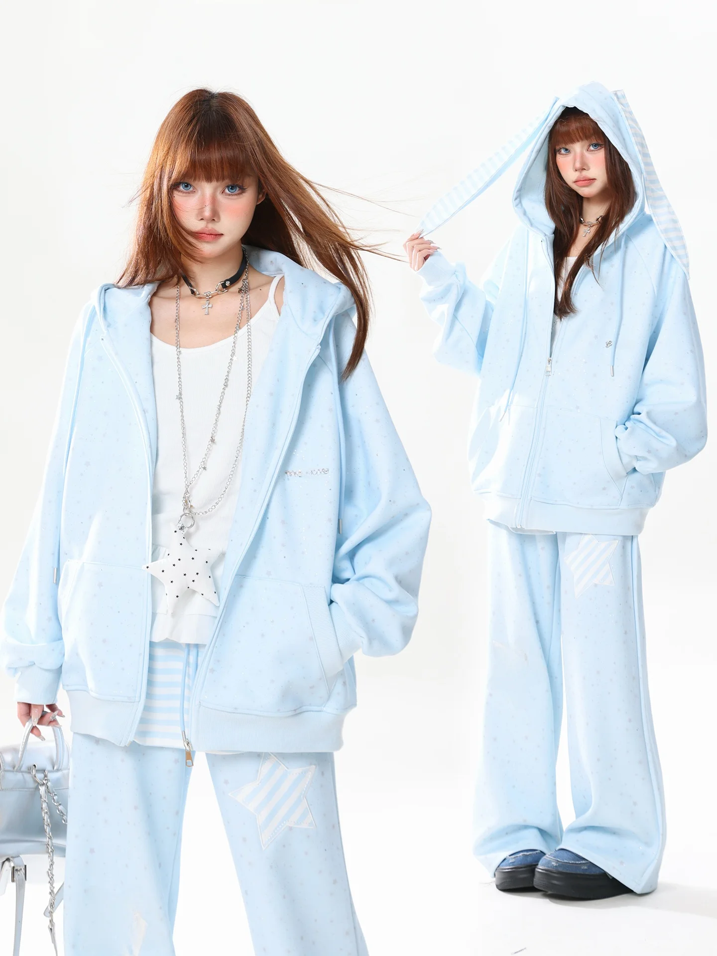 

Sweet Cool Hat Sweatirt Pants Two-Piece Set Women Detachable Rabbit Ears Spring Outerwear Overlap Girl Loose Fit Long Sve