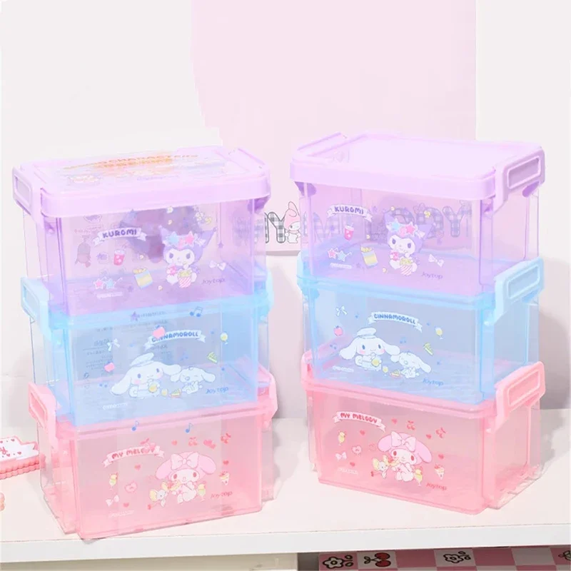 Sanrio Kawaii My Melody Three-layer Stacked Buckle Storage Box Kuromi Cinnamoroll Anime Cartoon Students Desktop Stationery Box