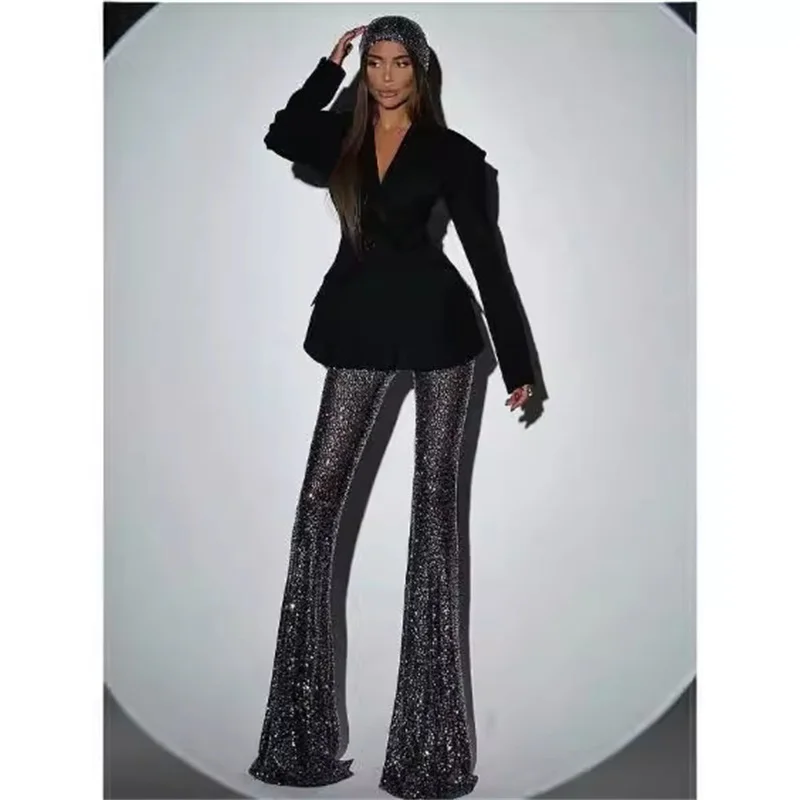 Luxury Crystals Women's Suit Set 2 Pcs Blazer+Flare Pants Trousers Cotton Office Lady Jacket Evening Party Gown Coat