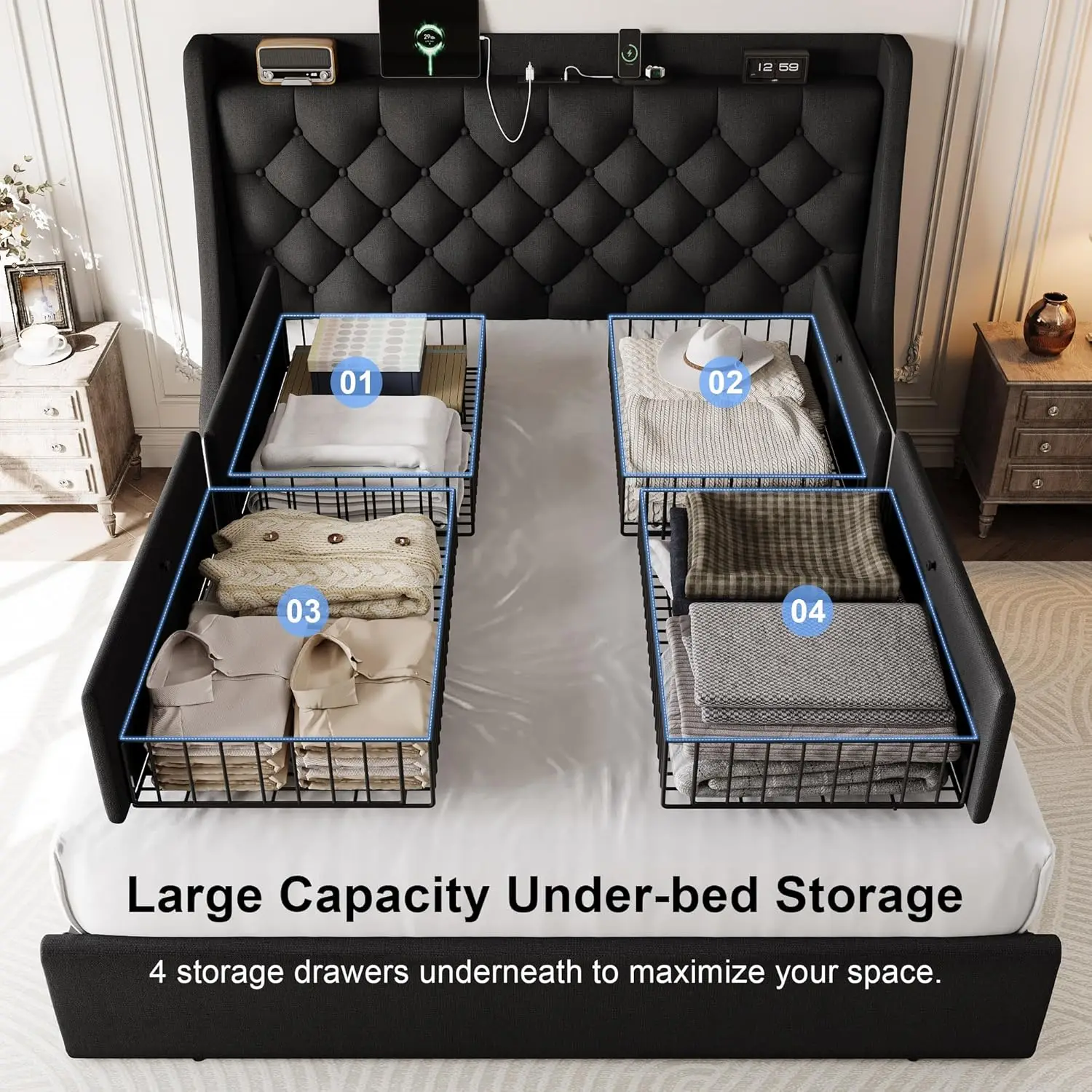 Queen Upholstered Platform Bed Frame with Storage Drawers USB Charging Wingback Headboard Wooden Slats No Box Spring, Customized - view 3