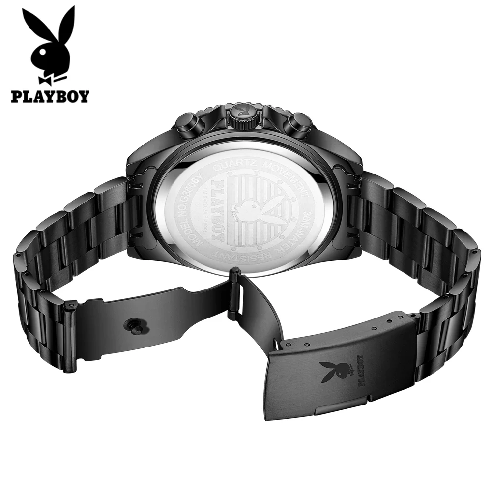PLAYBOY 3506 Brand original authentic watches for man luxury Gift Box Solid steel belt chronograph calendar quartz men's watch