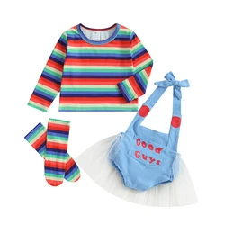 Toddler Baby Girls Halloween Costume Set Striped Shirt Blue Romper Socks Little Kid Chucky Costume Horror Cosplay