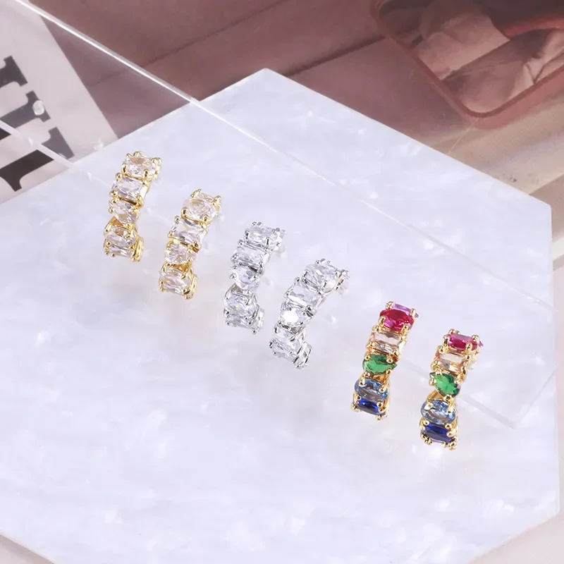 

Europe And The United States Jewelry Wholesale Shining Rainbow Water Droplets Flashing Zirconium Half Opening c- Shaped Earrings