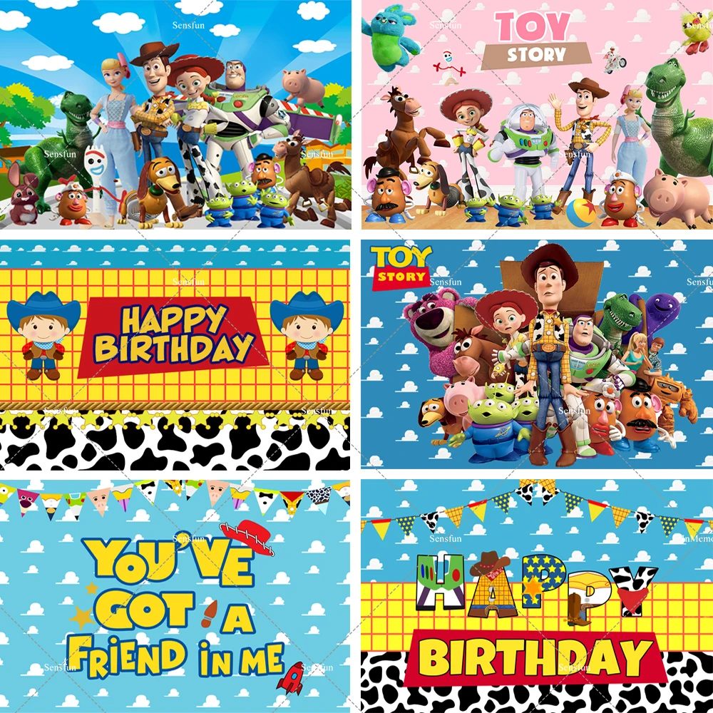 Fondo de fiesta de cumpleaños para niños con tema de Toy Story de Disney, azul cielo, Buzz Lightyear, Woody, decoración de estudio fotográfico de bebé, fondo de fotografía