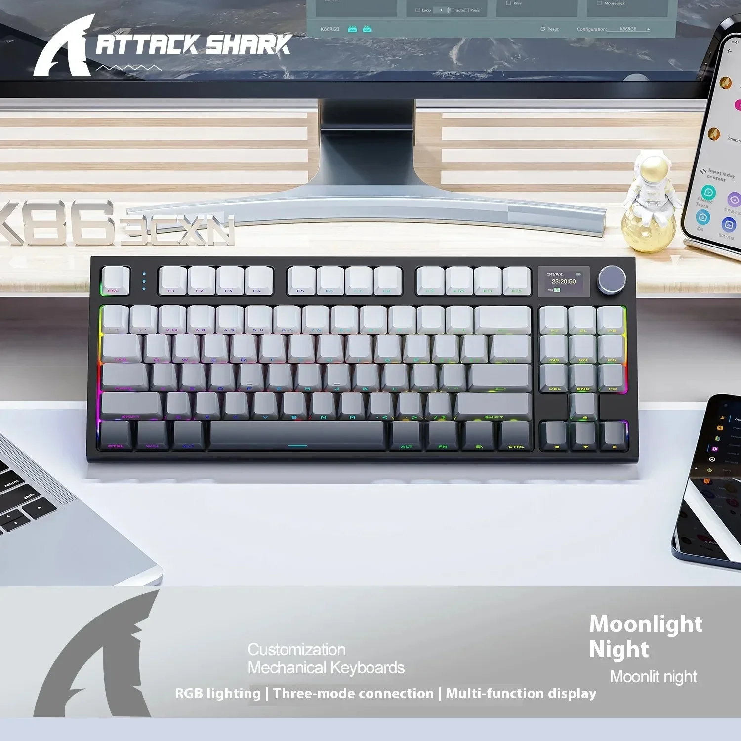Attack Shark K86 2.4G 3-Mode Wireless Mechanical Keyboard with Multi-functional Metal Knob Plug-Play TFT Screen Gaming Keyboard