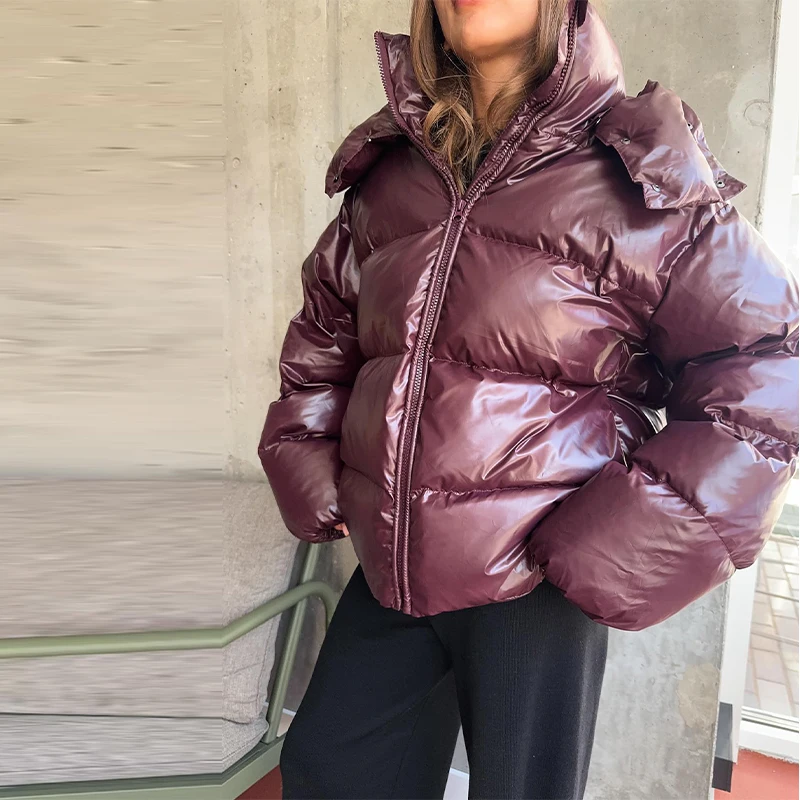 Chic Reflective Fabric Lace Up Hooded Cotton Jacket Women Stand Collar Full Sleeve Zipper Warm Overcoat 2026 Winter Lady Outwear