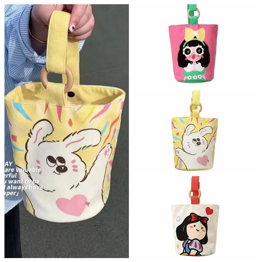 Cartoon Canvas Bucket Bag Fashion Girl Korean Style Canvas Handbag Lunch Bag Large Capacity Cartoon Mummy Bag Student