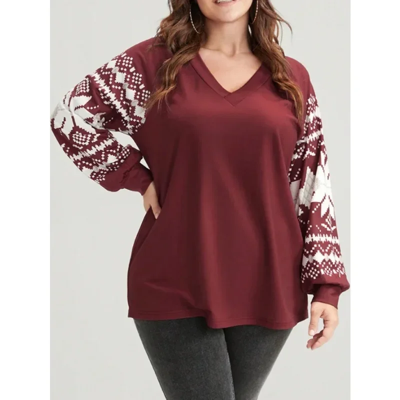 

Plus Size Women's New Casual Fashionable Autumn V-neck Off Shoulder Printed Long Sleeved T-shirt Top