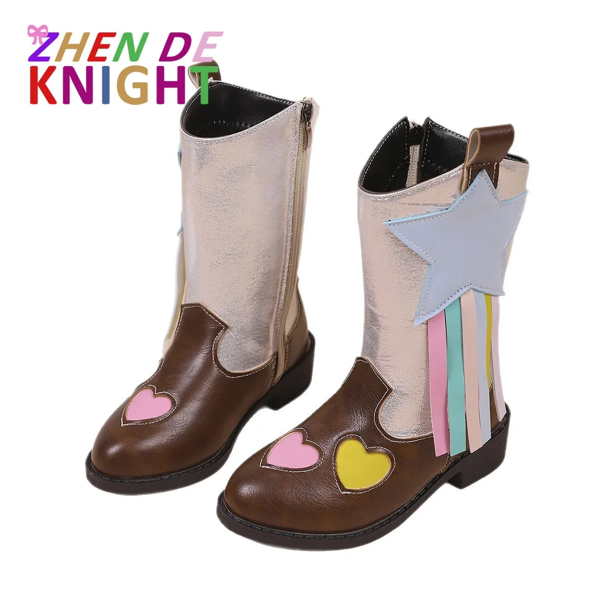 

Теплые ботинки до середины икры для девочек в этническом стиле, осень-зима, новая модная повседневная детская обувь с рисунком сердца и лентой на боковой молнии