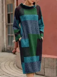 4 Color Autumn Semi High Neck Long Sleeved Checkered Pocket Dress Style Artistic Retro Style Women's Dress
