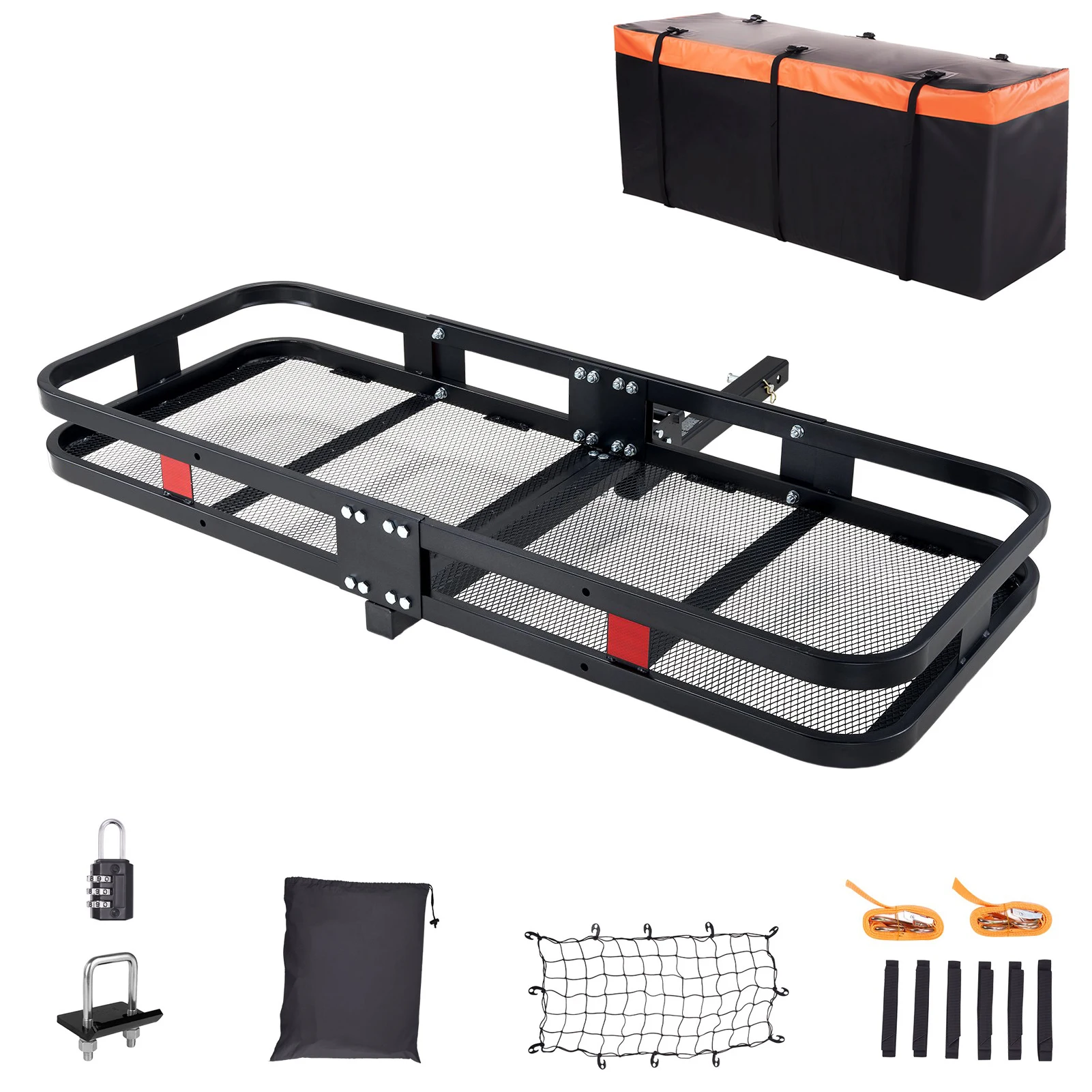 Cargo Carrier with Hitch 180 Kg Capacity, 152cm x 60cm x 15cm heavy duty steel cargo basket with waterproof cargo bag, cargo net