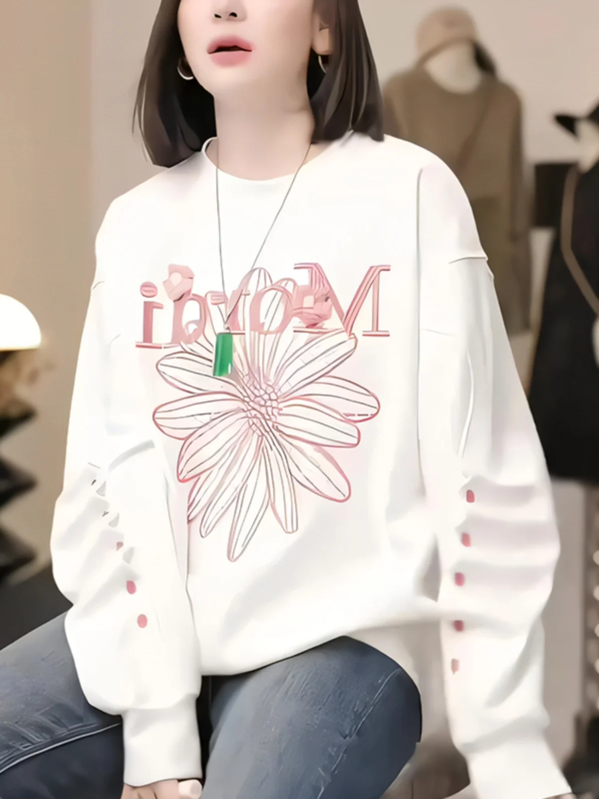 

White Trendy mat round Ne Long Sve Sweatirt Women's New Autumn Faion Korean Sle Comfortable Loose Fit Top