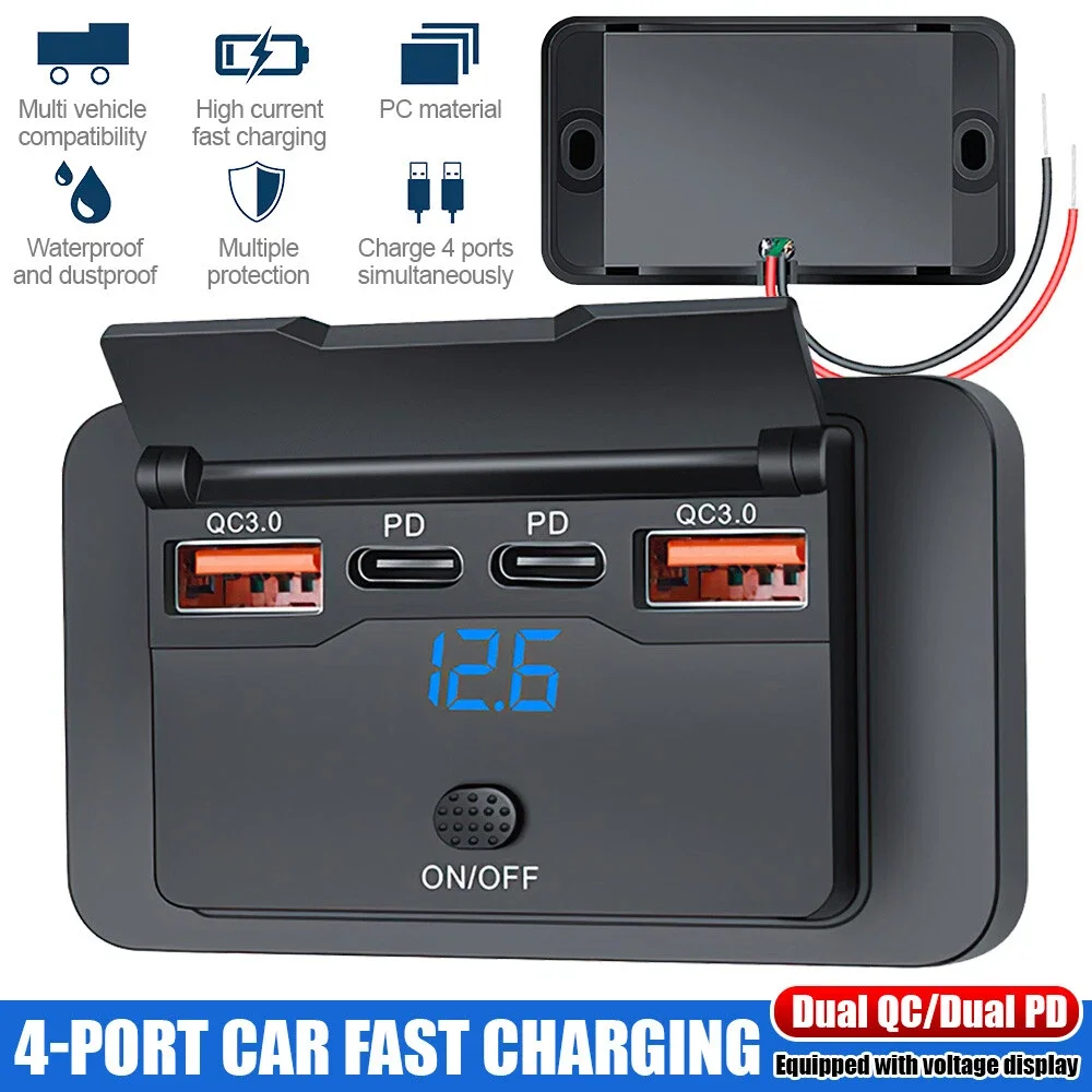 

Автомобильное быстрое зарядное устройство с USB-портом Pd Type-C, розетка постоянного тока 12 В-24 В, зарядное устройство для панели розетки
