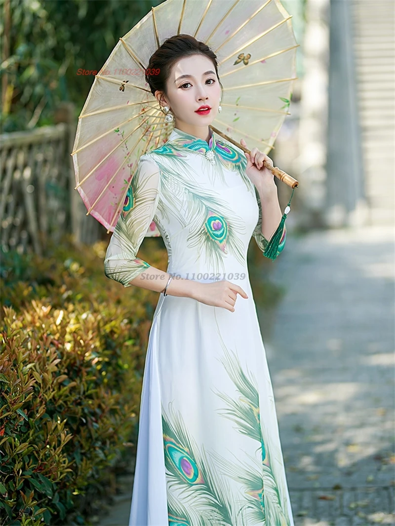 2025 vietnam aodai dress traditional chinese vintage qipao dress national peacock print improved cheongsam oriental qipao dress