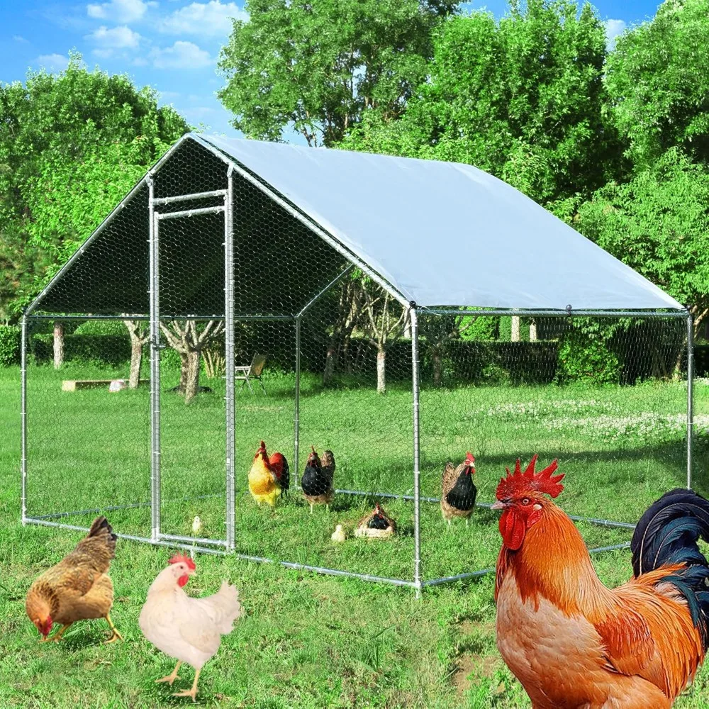 Chicken Coop Metal Chicken Run with Cover Outdoor Pet Pens Poultry Cage Duck Rabbit House Backyard Use