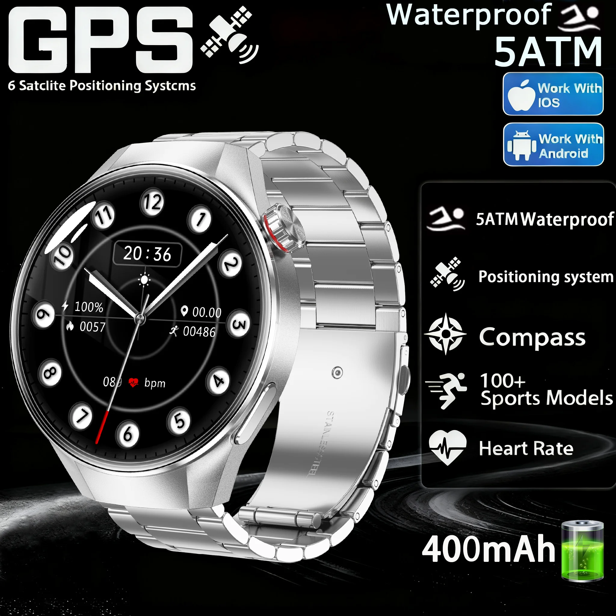 2025 جديد في الهواء الطلق العسكرية لتحديد المواقع الرياضة ساعة ذكية الرجال المدمج في ثنائي النطاق GNSS البوصلة مقياس الارتفاع 5ATM بلوتوث دعوة Smartwatch