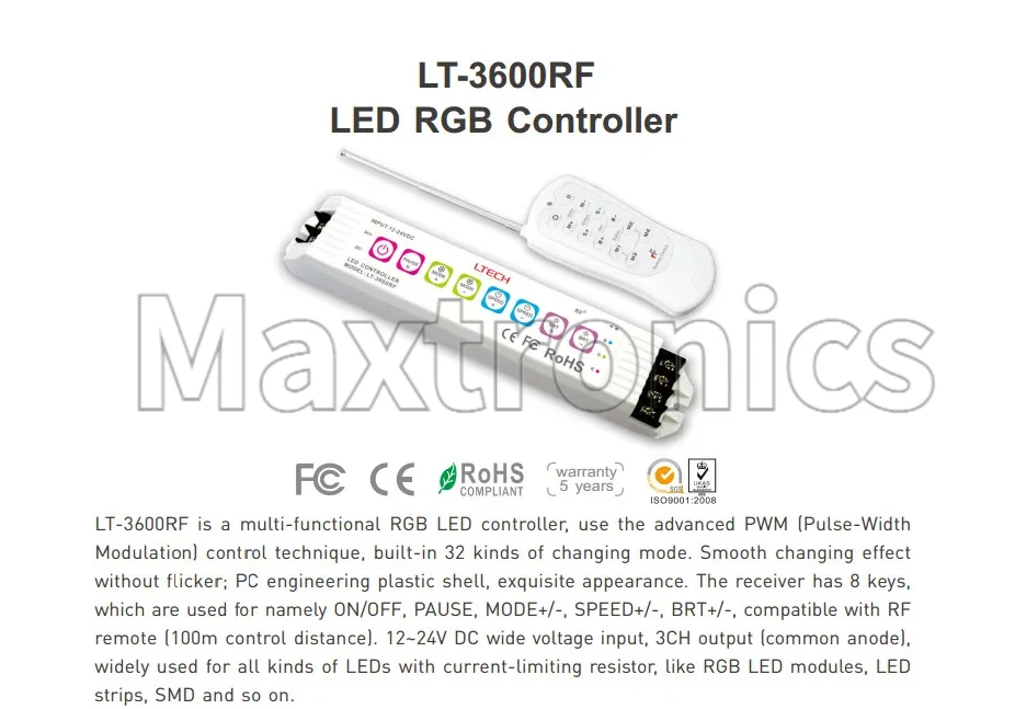 LTECH LT-3600RF Led Constant Voltage RGB Controller RF 2.4G Wireless 12-24V Input 6A/CH 18A 3 Channel for RGB LED Strip/ Modules
