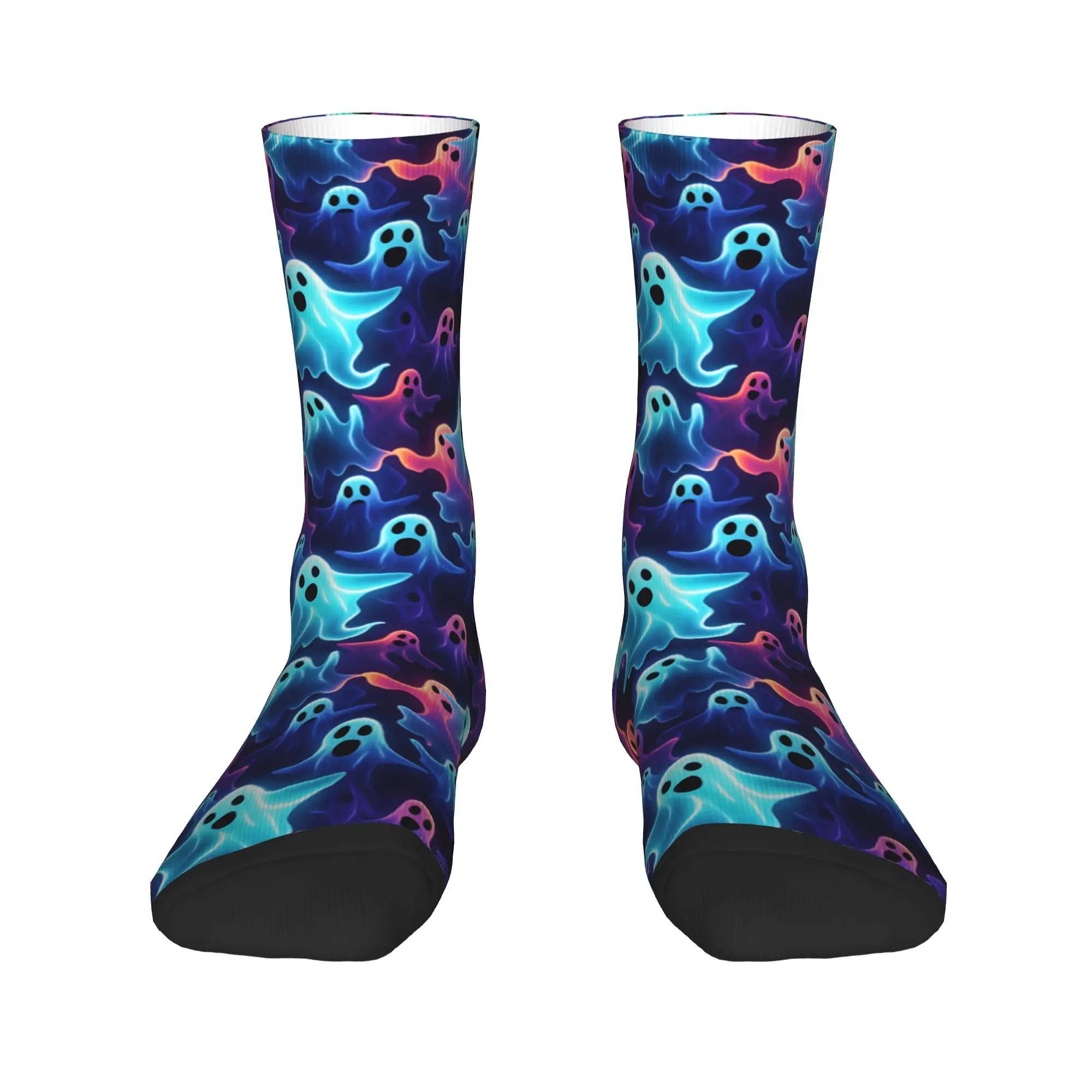 Neon Gradient Ghost Halloween Seamless Pattern Dark Purple Socks  Retro Stockings Winter Anti-Slip Men Socks Quality  Socks