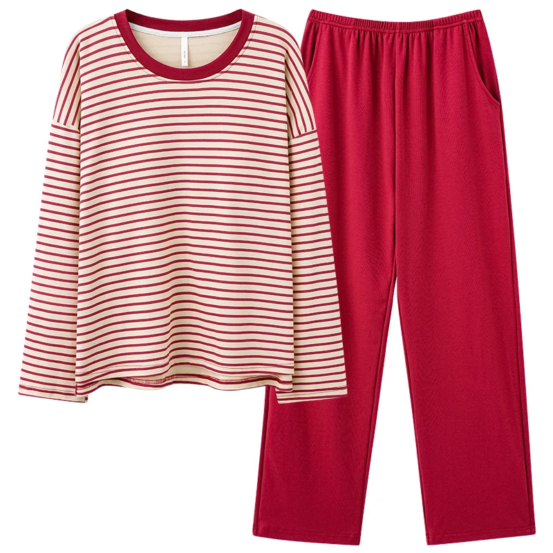 Pajamas women's new spring and autumn cotton pullover headband chest pad striped cartoon home clothes cute casual simple suit