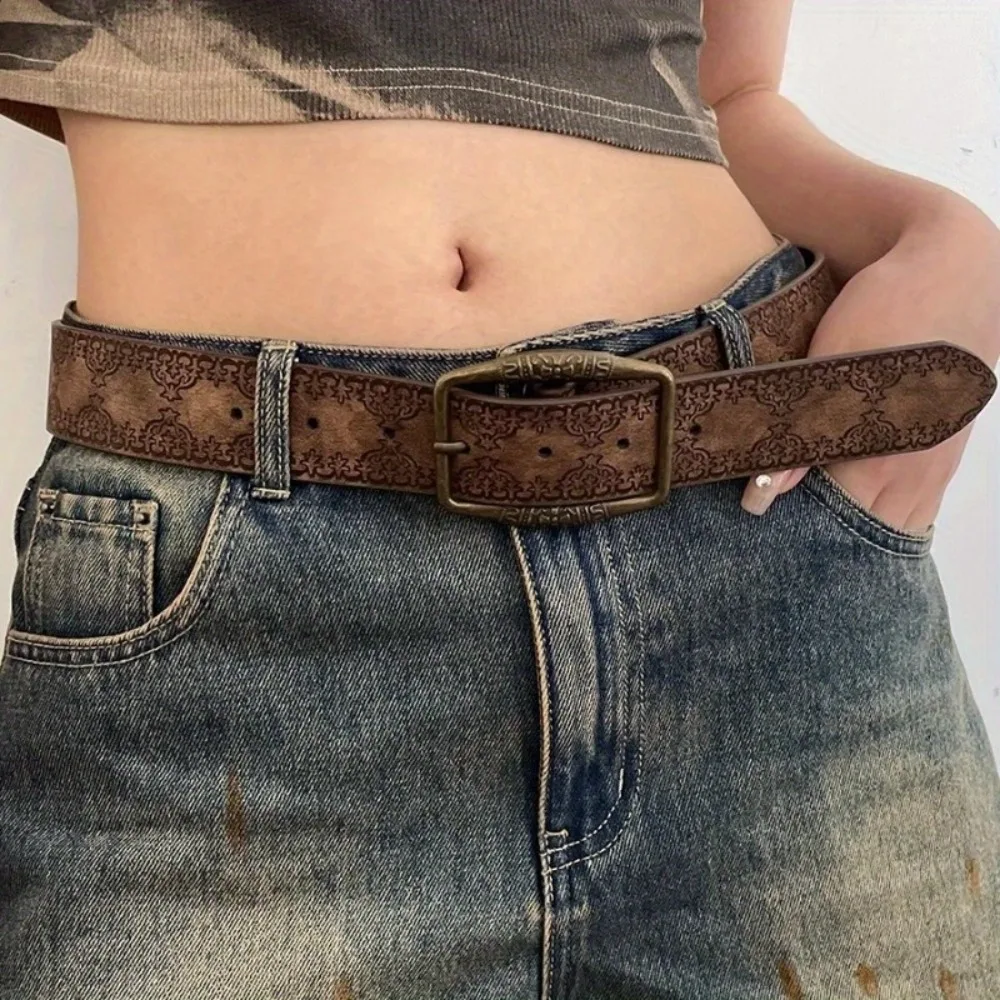 Boho Women Ethnic Embossed Western Strap for Women - Vintage Embossed PU Leather Bucket Belt Y2K Cowgirl Engraved Tooled for Jeans Pants Dress