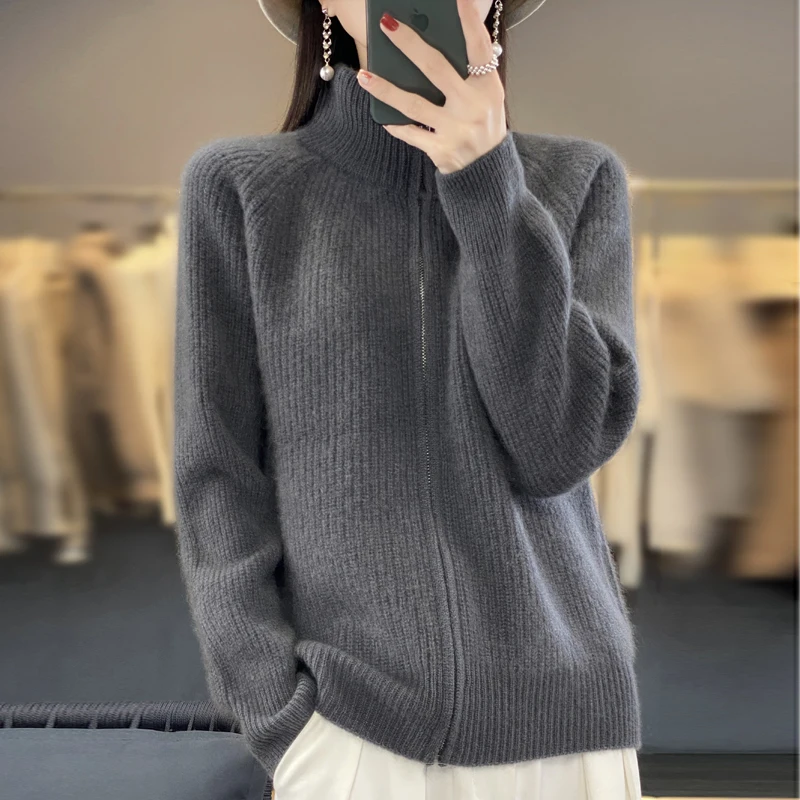 Autumn/Winter new women's sweater 100% Merino wool turtleneck zip-up cardigan Fashion light luxury warm bottom knit shirt