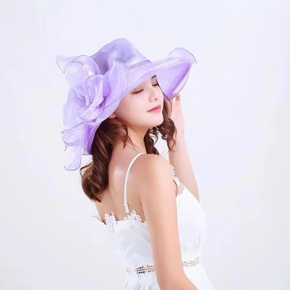 Fashion Flower Organza Mesh Hat Travel Exquisite Bucket Hat Wide Brim Summer Beach Cap for Women