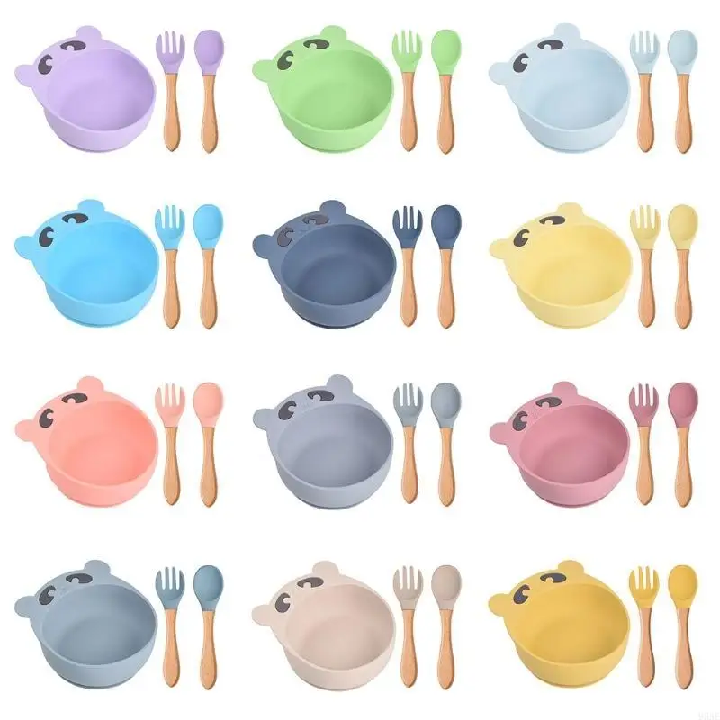 

95AE 3 Pcs Baby Training Feeding Bowl Wooden Handle Spoon Fork Set Anti Slip Silicone Suction Dinner Plate Dish Utensil