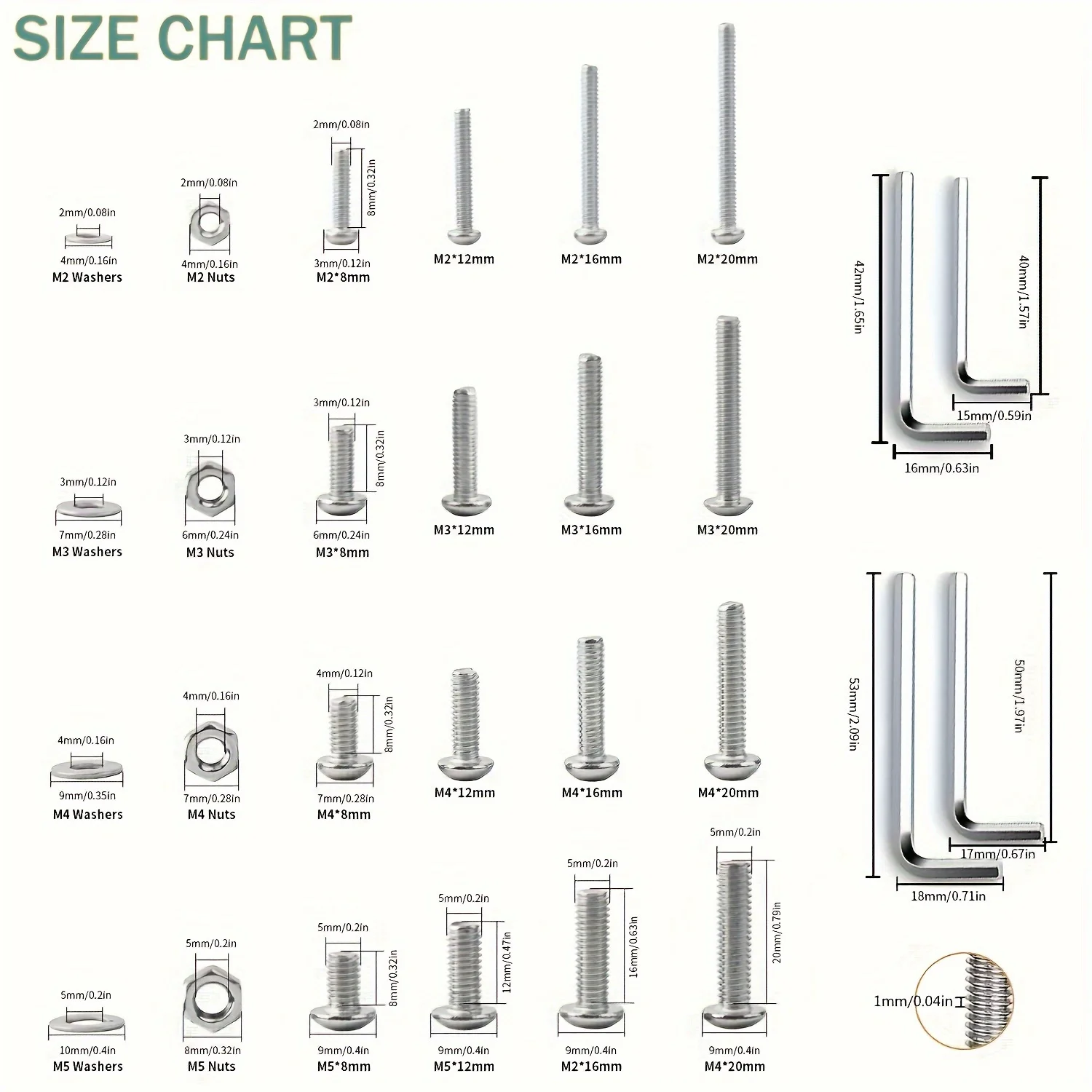 Vis à Tête Hexagonale M3 et M2 en Acier Inoxydable, Boulons, Rondelles, Clé Allen, 1080 Pièces