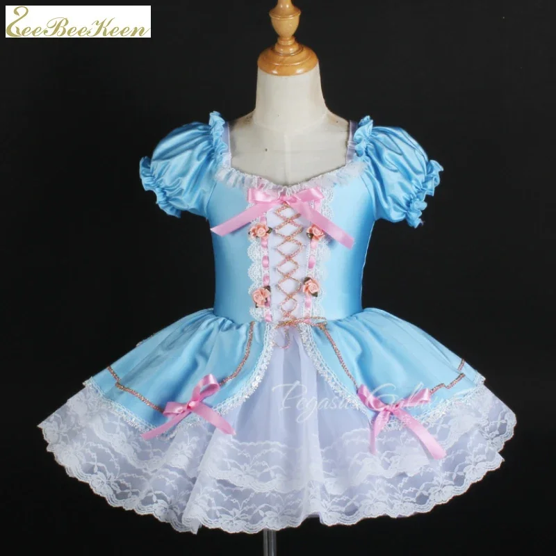 Sweet Princess Ballet Dance Costume Girls Short Sleeved Blue Ballet Tutu Dress for Women Lovely Lace Swan Lake Dancewear
