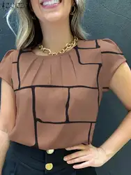 ZANZEA-blusa estampada de manga corta para mujer, Top elegante para fiesta y trabajo, Túnica informal holgada para vacaciones