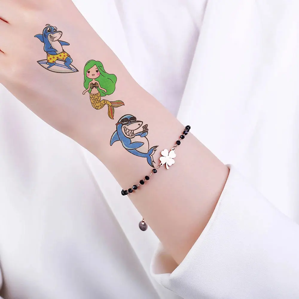 60pcs Cartoon Temporary Tattoos for Hand Butterfly Flower Shark Mermaid Balloon Unicorn Fake Tattoo Stickers Body Decor