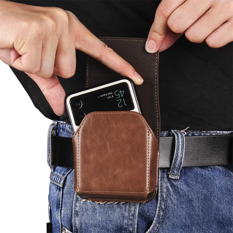 Universal Man Leather Pack Waist Bag Mobile Phone Pouch Holster for Samsung Galaxy Z Fold 5 4 3 2 Motorola Razr Plus 40 Ultra