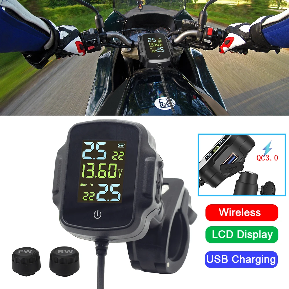 

Motorcycle TPMS Motorbike Tire Pressure Monitoring System Tyre Temperature Alarm System with QC 3.0 USB Charger for Phone Tablet