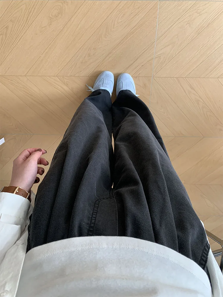 

Black Elastic Waist Straight Leg Denim Jeans Women's Spring Thin Large Size Fat MM High Waist Draping Ice Silk Wide Le...