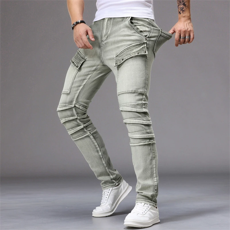 

Green Skinny Hip Hop Jeans Harajuku Y2K Trousers Fashion Streetwear Vintage Splicing American Elastic Slim Biker Denim Pants