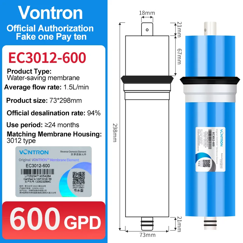 Vontron 600 GPD RO Membrana 3012-600 GPD, per sotto il lavello Sistema di depurazione dell'acqua potabile RO per uso domestico