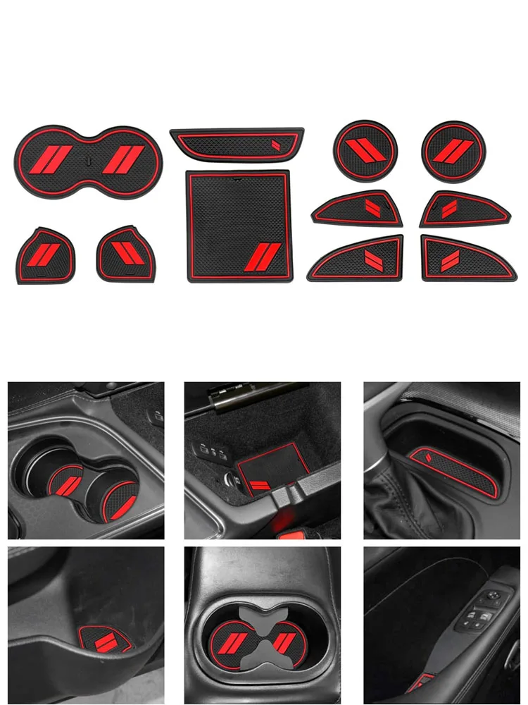 

Custom car interior dust and anti slip pads (red), center console lining Dodge Challenger accessories 2015-2023,11 pieces