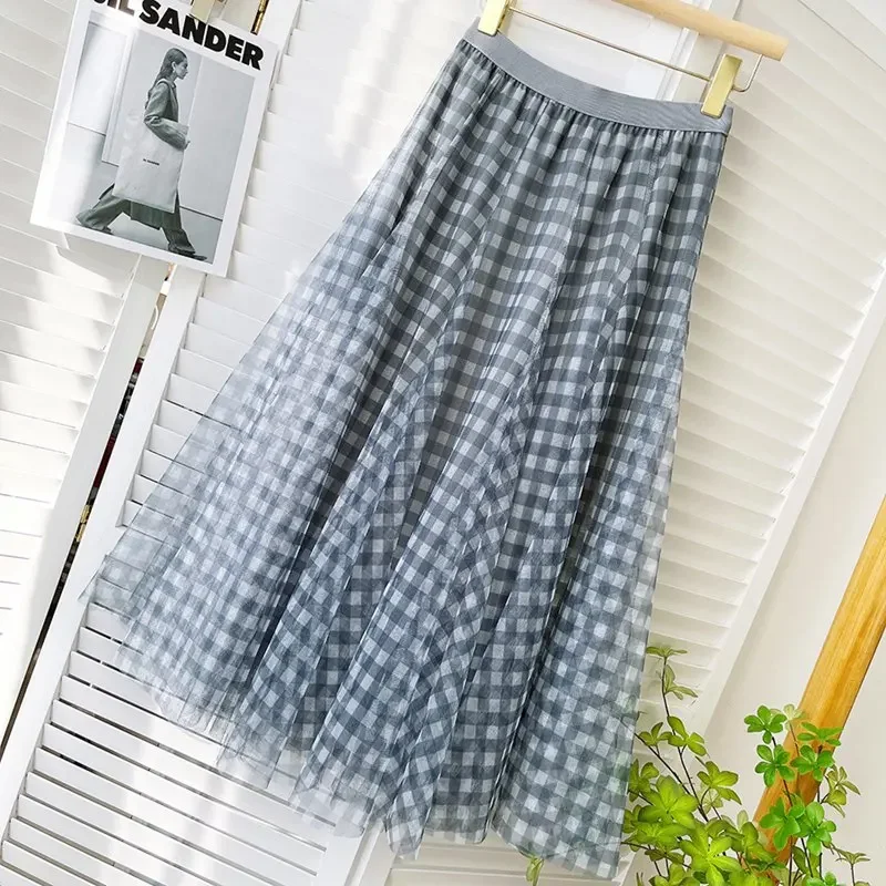 Women\'s Elegant Plaid Pattern 3 Layer Mesh Long Skirt Female High Waist Color Block Pleated Flowy A-Line Skirts 2024 Spring K11