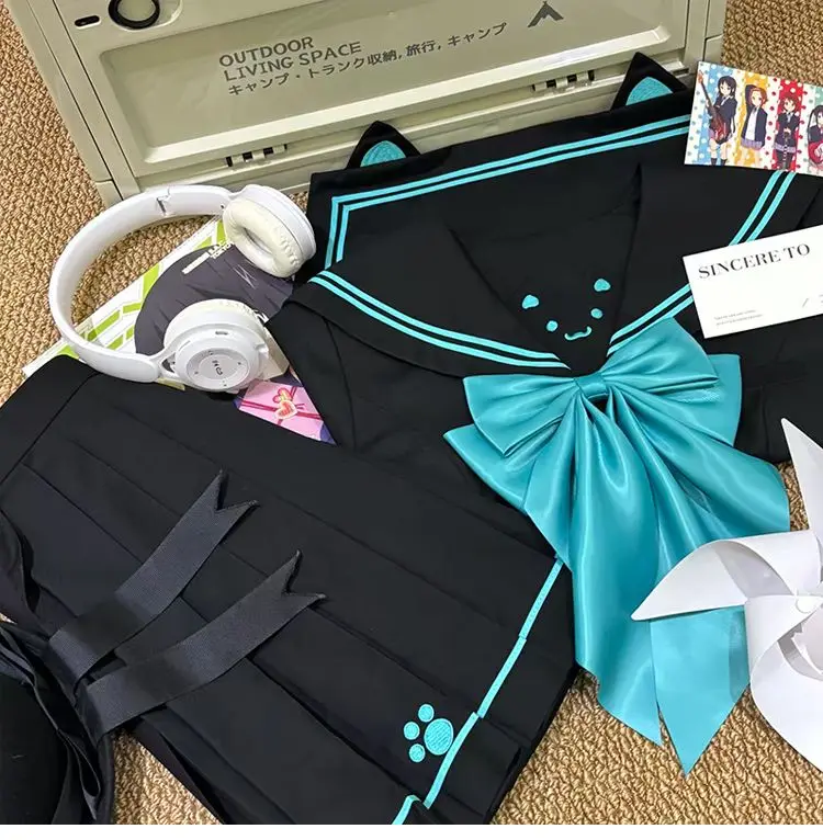 Uniforme JK de doble pecho de estilo japonés, traje de marinero dulce de estilo universitario, traje bordado con patrón de gatito, traje femenino de manga corta