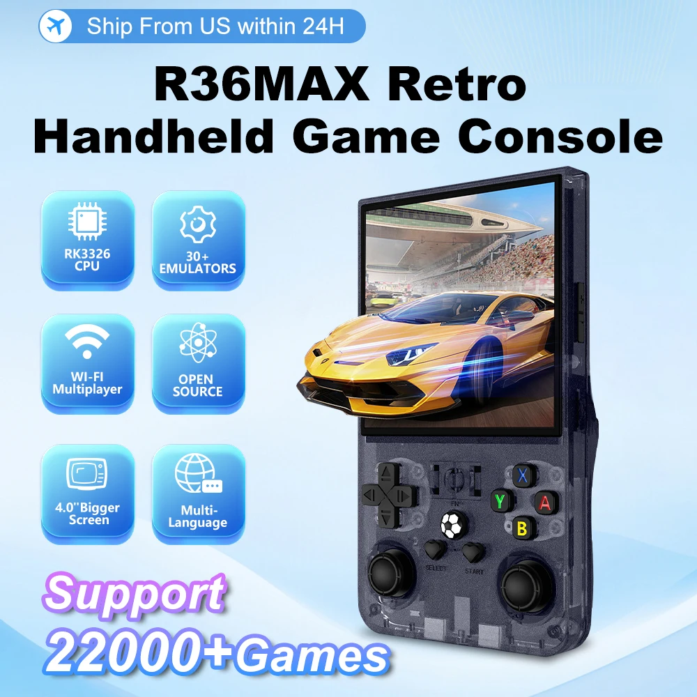 

Портативная игровая консоль AISLPC R36MAX в стиле ретро, ​​система Linux, 4,0-дюймовый IPS-экран, портативный карманный видеоплеер, игры, подарки, доставка из США