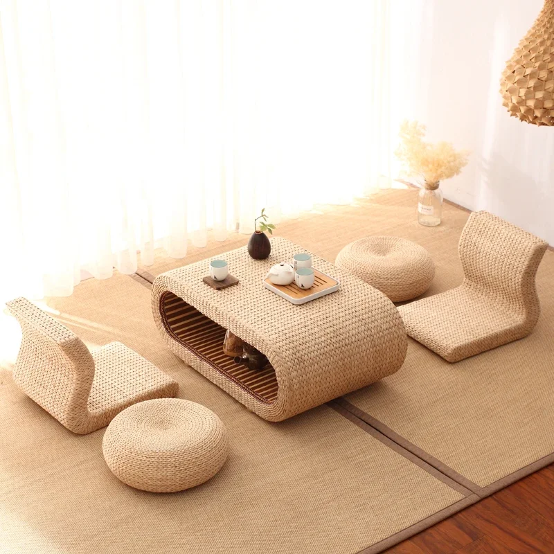 Straw bay window table Japanese small coffee simple storage tatami low table kang balcony tea and chair