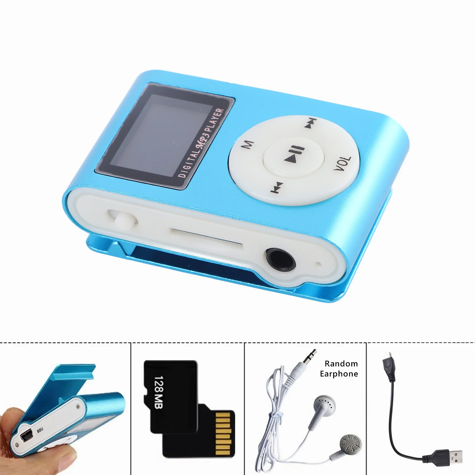 MP3 Music Player 128M Song Card Portable Mini Music Player with Metal Shell for Students Sports Running Blue Portable MP3 Player