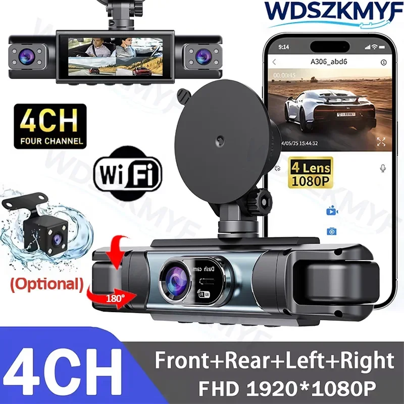 4/3 Channel Dash cam for Cars WiFi Vehicle Recorder FHD 1080P Car Camera 170° wide-angle Recording Black Box Car Accessories