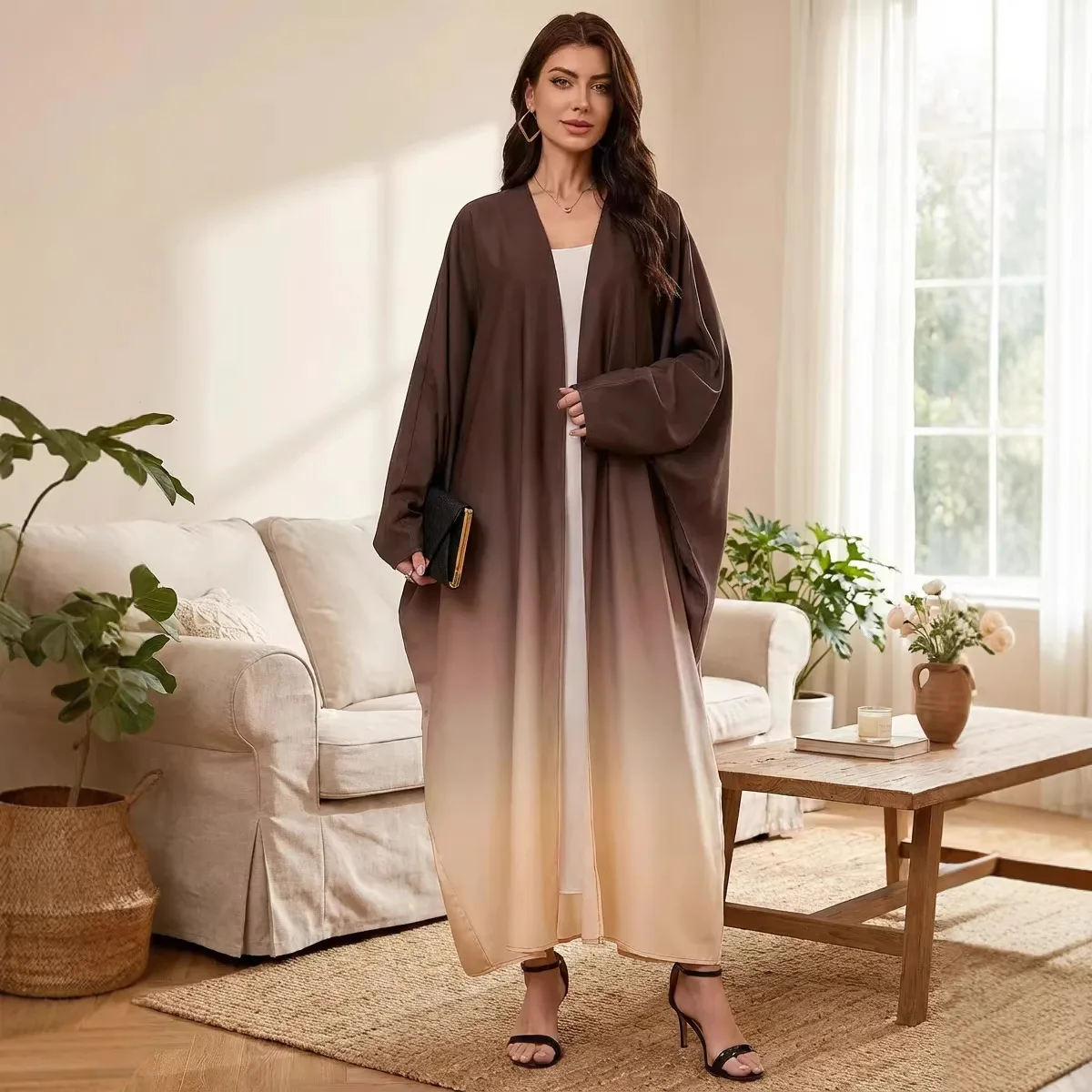 

Градиент цвета Абая для женщин 2026 Рамадан Ид Дубай Открытая Абая Турция Кафтан Мусульманское платье Ислам Кимоно Кардиган Халат Джалабия