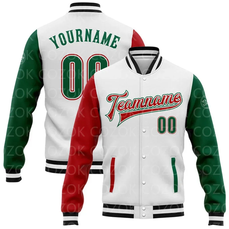 Benutzerdefinierte weiße grüne 3D-gedruckte Baseball-Knopfjacke mit Raglanärmeln, Bomberjacke mit durchgehendem Druckknopf, Varsity-Briefman-Jacke