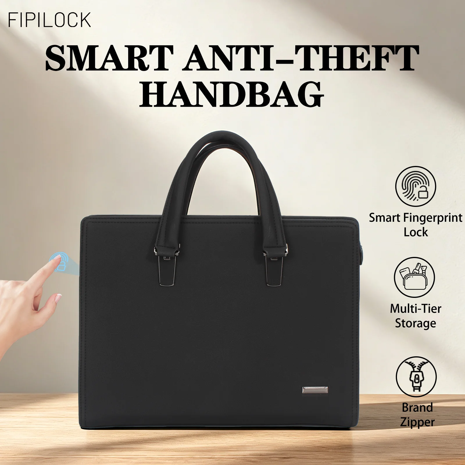 FIPILOCK Laptop Bag Leather Briefcases Hard For Men Luxury Handbags with Smart Fingerprint Unlock Office Bussiness Computer Bag