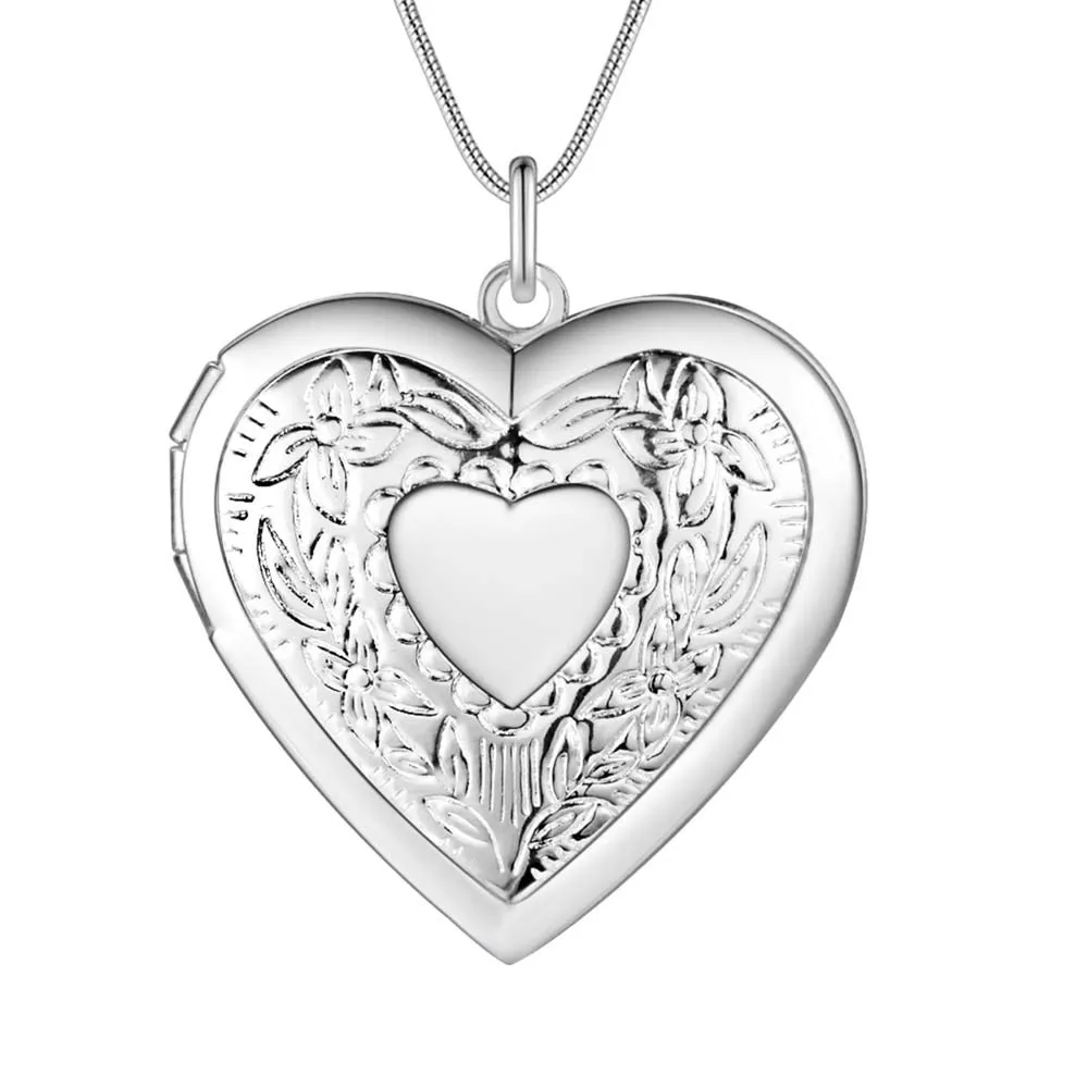 40-75cm 925 Sterling Silver Oval heart Round Photo open Frame Pendant Necklace Snake Chain For Woman Man Wedding Jewelry